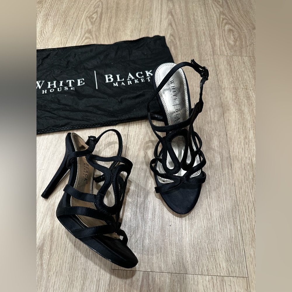 White House Black Market black satin strappy heels, size 6M